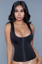 Smoothing & Waist Sculpting Hook-and-Eye Shapewear Tank Top in black, featuring wide straps and a low scoop neckline.