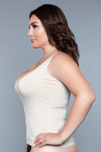 Smoothing waist-sculpting shapewear tank top in nude, featuring a low scoop neckline and front hook-and-eye closure.