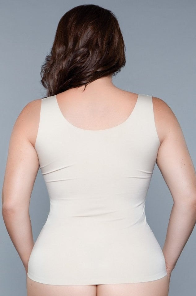 Nude waist-length shapewear tank top with wide straps and seamless design, offering smoothing coverage through the midsection.