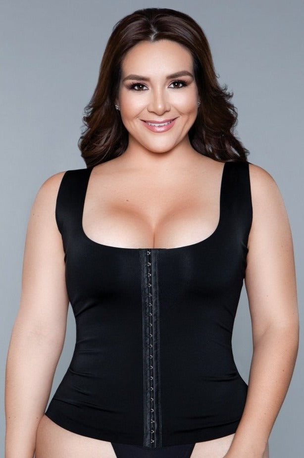 Black waist-sculpting shapewear tank top with wide straps, low scoop neckline, and front hook-and-eye closure.