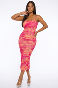 Tatiana Floral Print Ruched Mesh Midi Dress