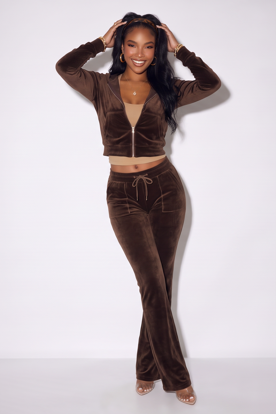 Alexis Zip Front Velour Tracksuit Two Piece Pant Set