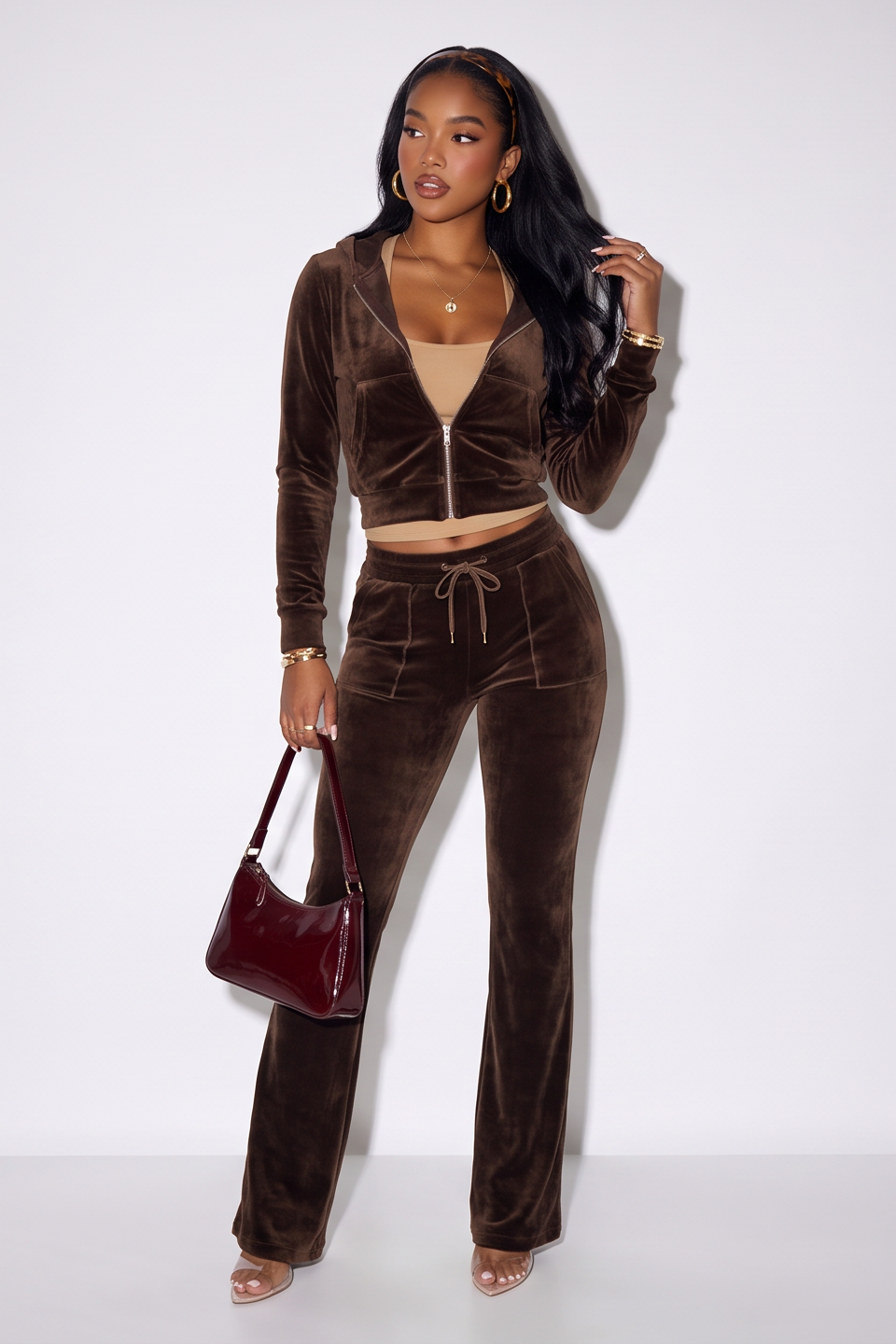 Alexis Zip Front Velour Tracksuit Two Piece Pant Set