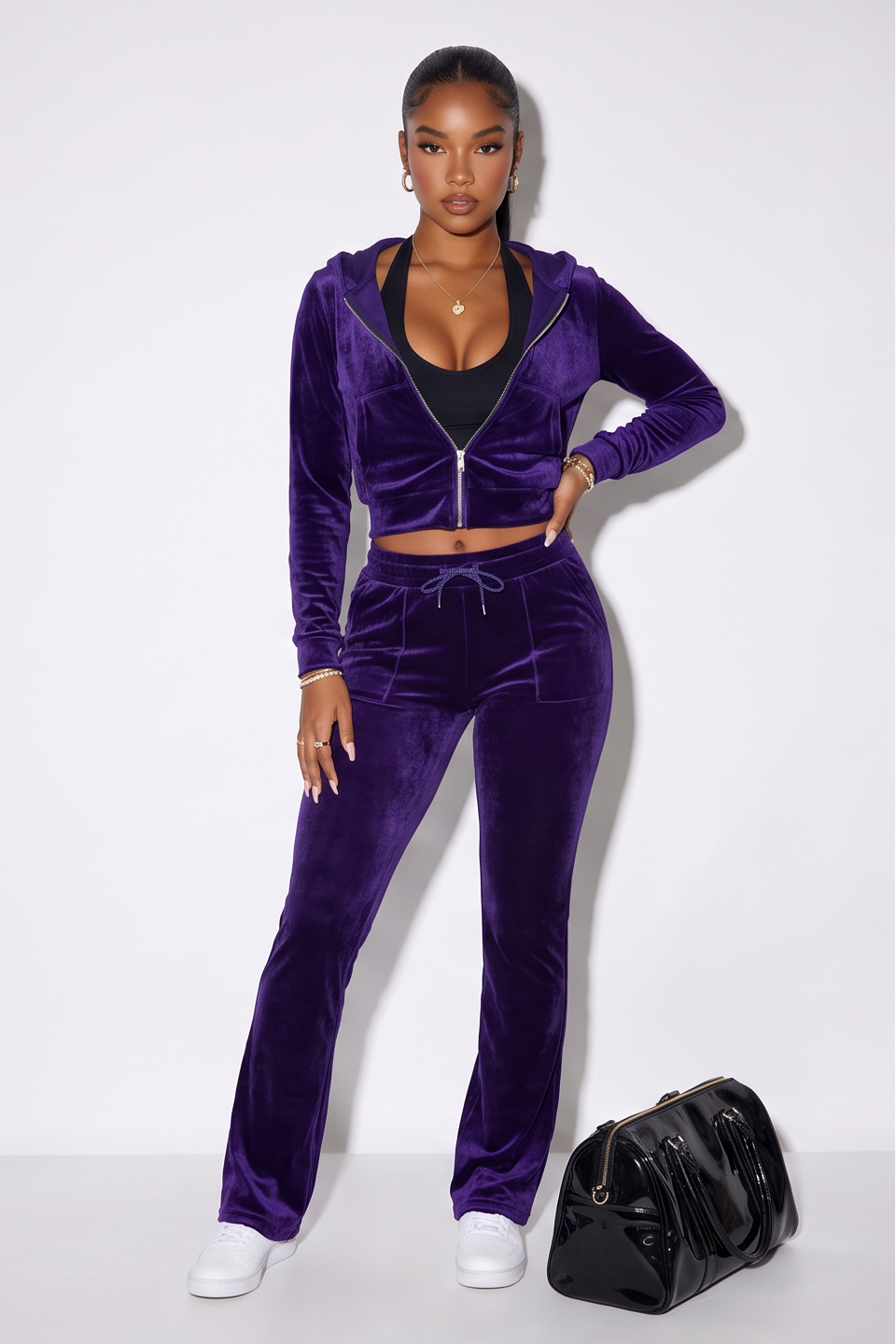 Alexis Zip Front Velour Tracksuit Two Piece Pant Set