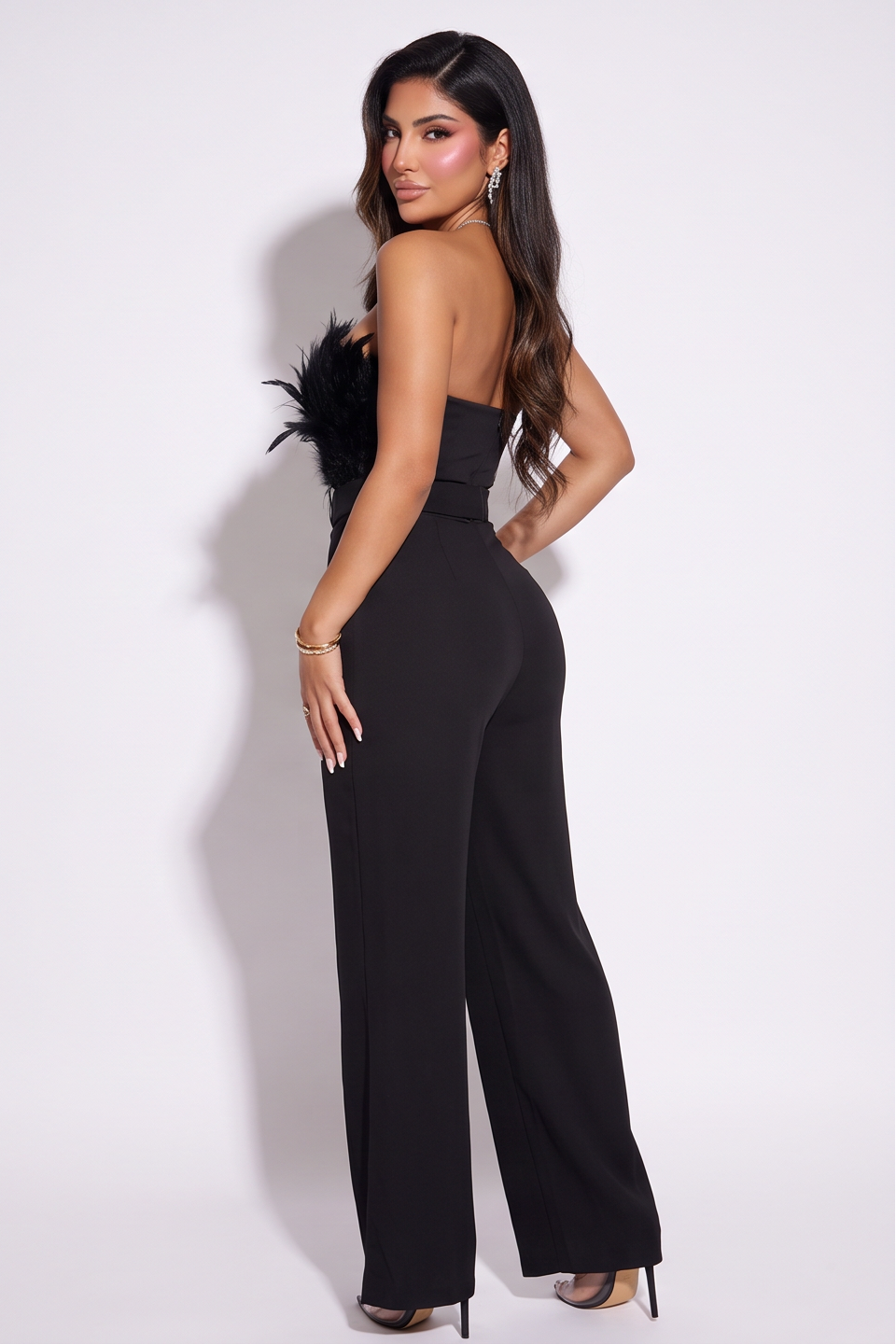 Alyssa Strapless Feather Trim Wide Leg Jumpsuit