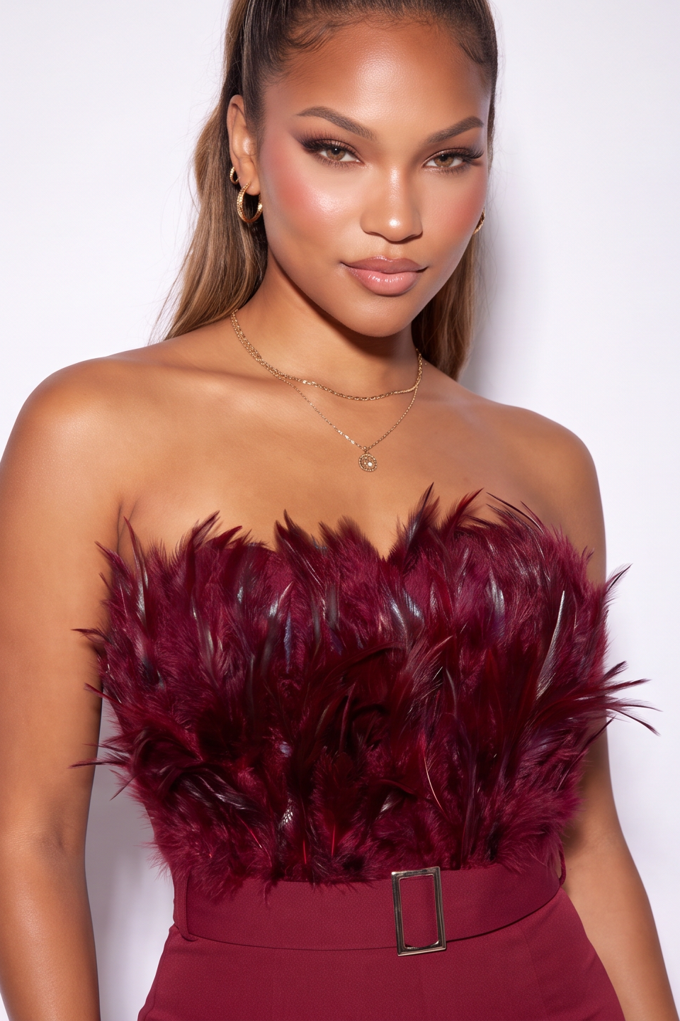 Alyssa Strapless Feather Trim Wide Leg Jumpsuit