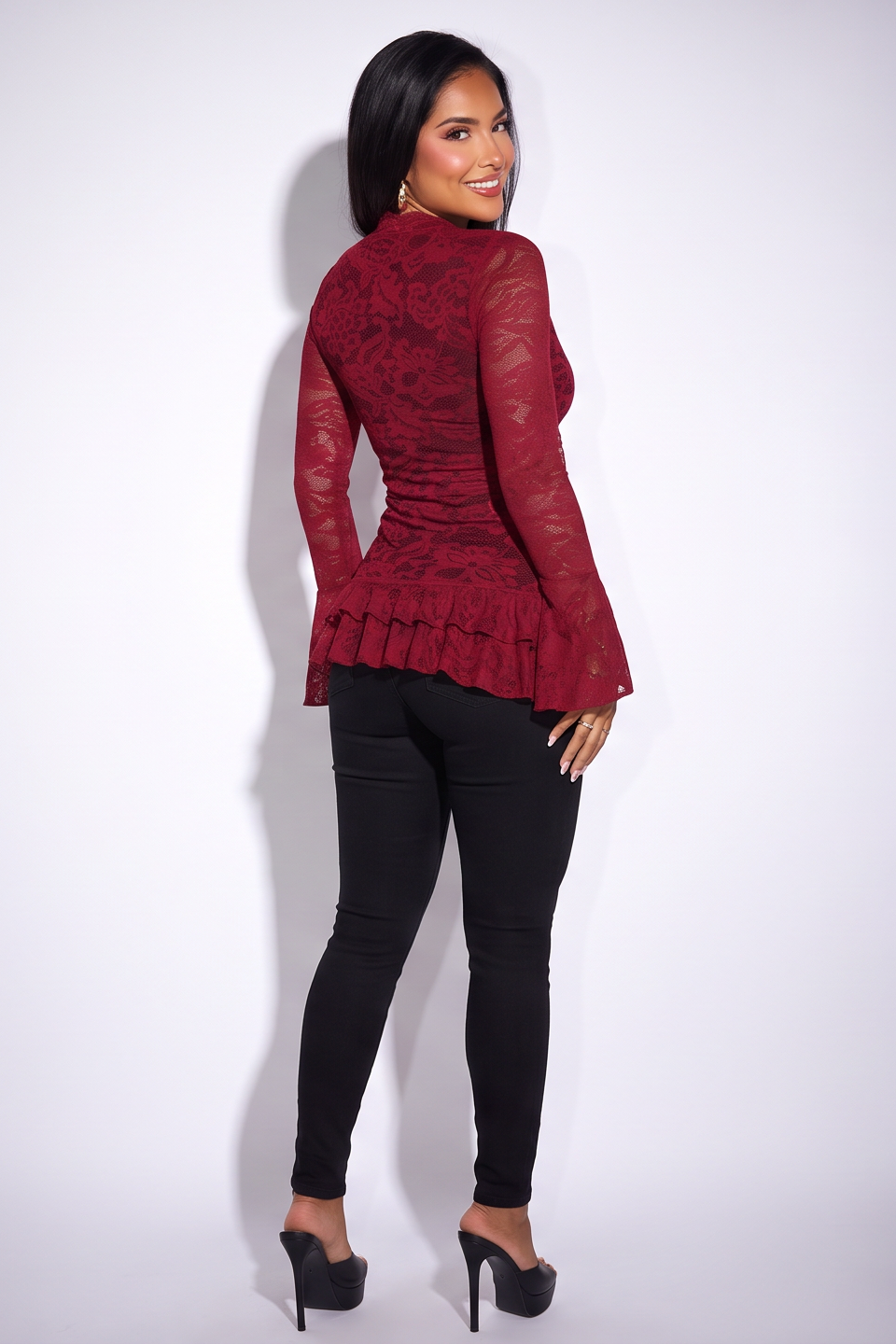 Arabella Lace Deep-V Bell Sleeve Bodycon Blouse