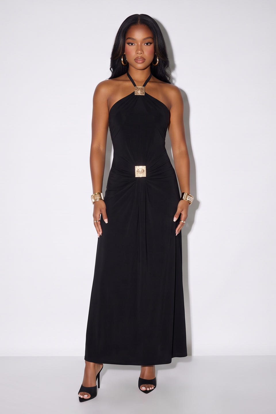 Athena Gold Trim Grecian Ruched Halter Neck Maxi Dress