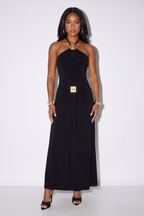 Athena Gold Trim Grecian Ruched Halter Neck Maxi Dress
