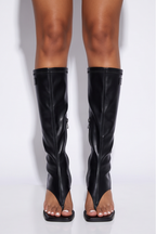 Azra Open Toe Thong Strap Kitten Heel Knee High Boots