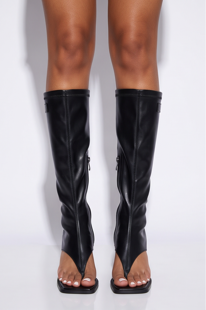 Azra Open Toe Thong Strap Kitten Heel Knee High Boots