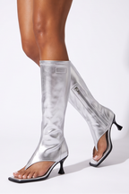 Azra Open Toe Thong Strap Kitten Heel Knee High Boots