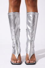 Azra Open Toe Thong Strap Kitten Heel Knee High Boots