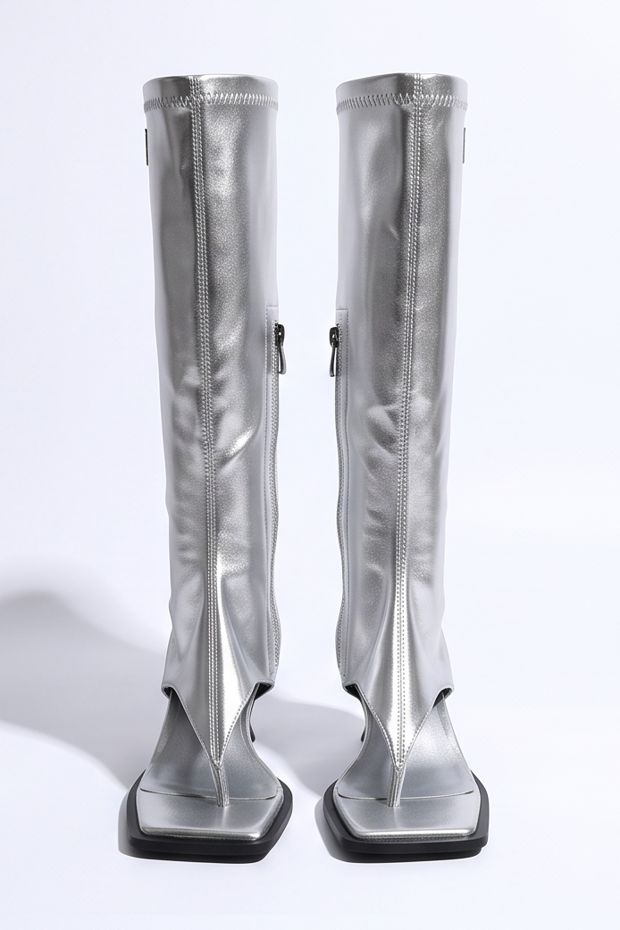 Azra Open Toe Thong Strap Kitten Heel Knee High Boots