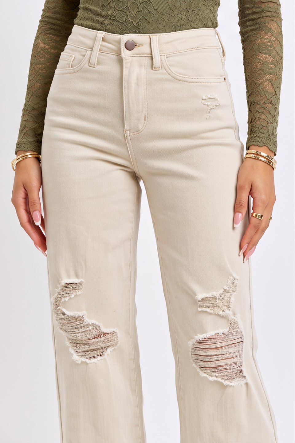 Beige High Waisted Distressed Wide Leg Jeans