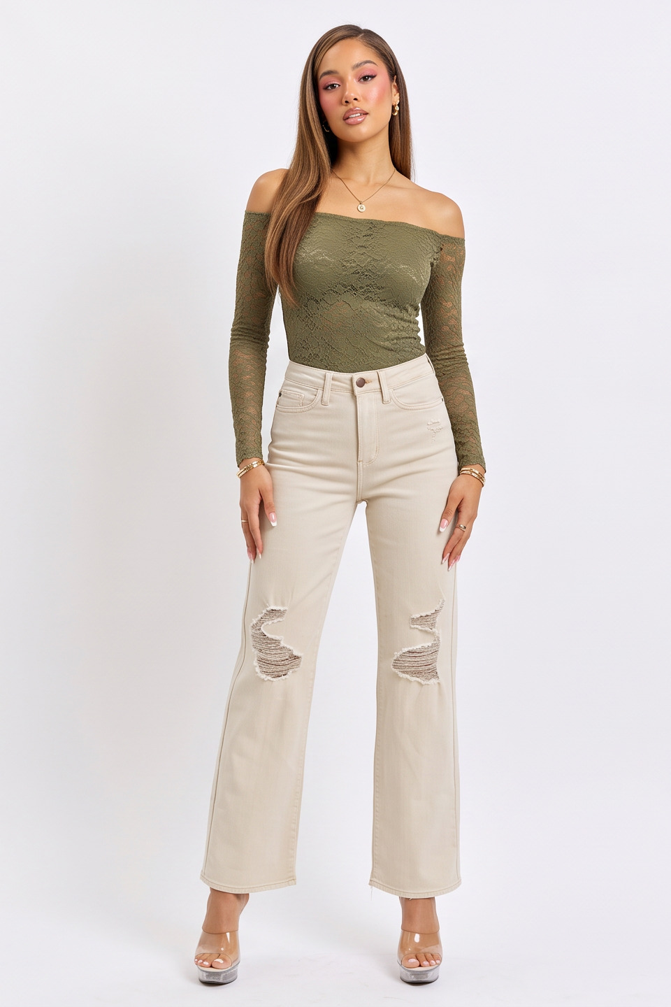 Beige High Waisted Distressed Wide Leg Jeans