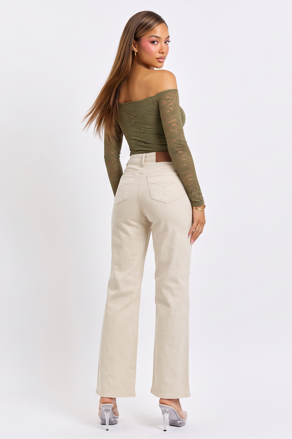 Beige High Waisted Distressed Wide Leg Jeans