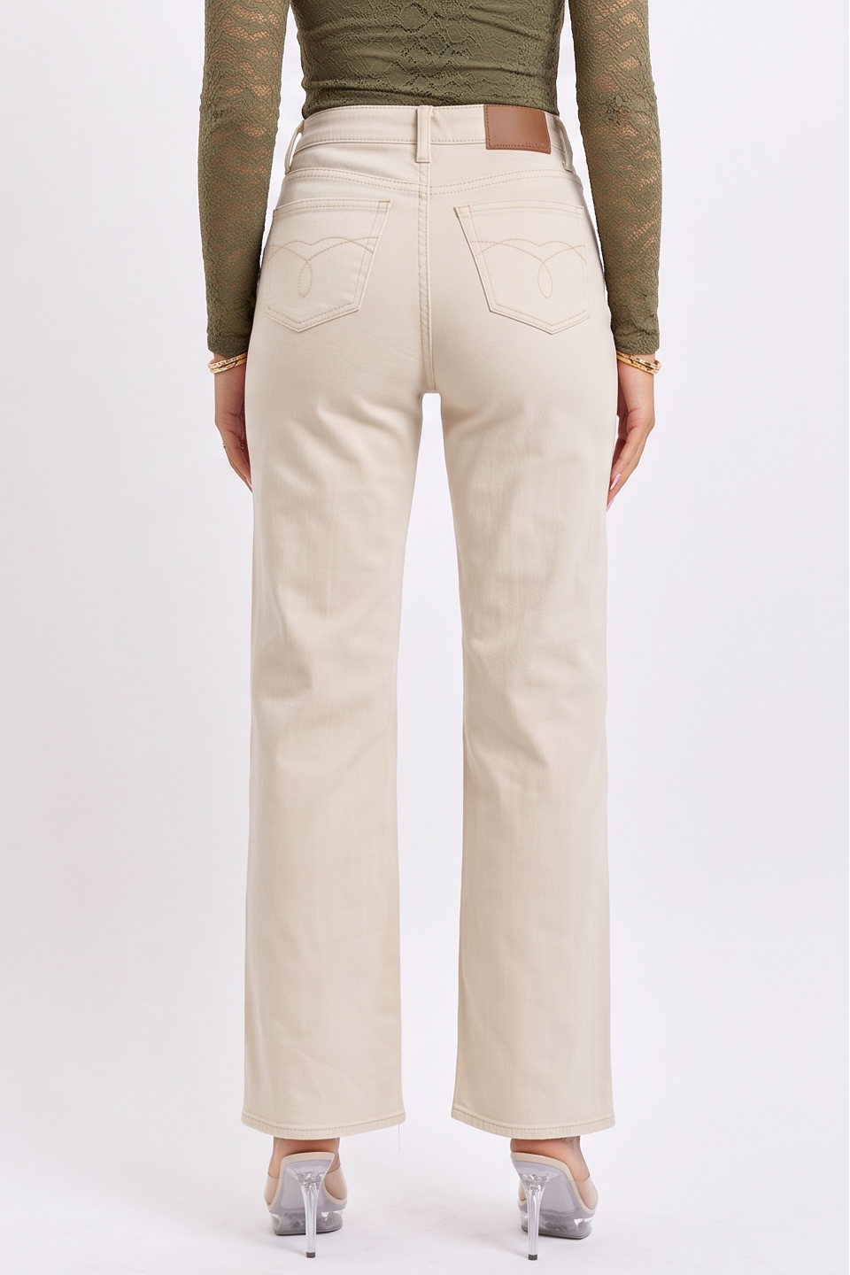 Beige High Waisted Distressed Wide Leg Jeans