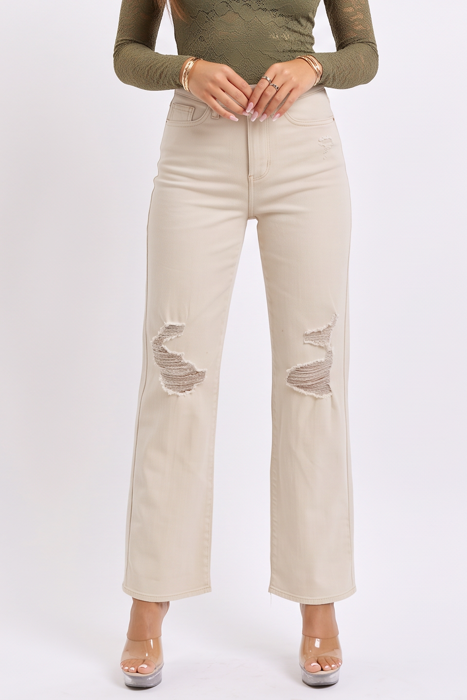 Beige High Waisted Distressed Wide Leg Jeans