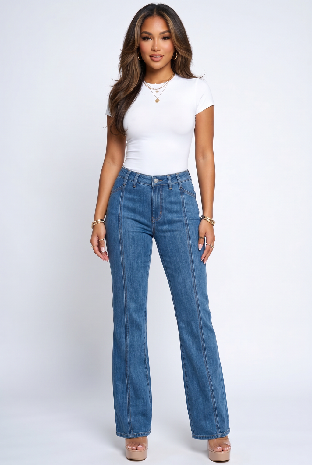 Blue Wash High Rise Seam Detail Wide Leg Jeans
