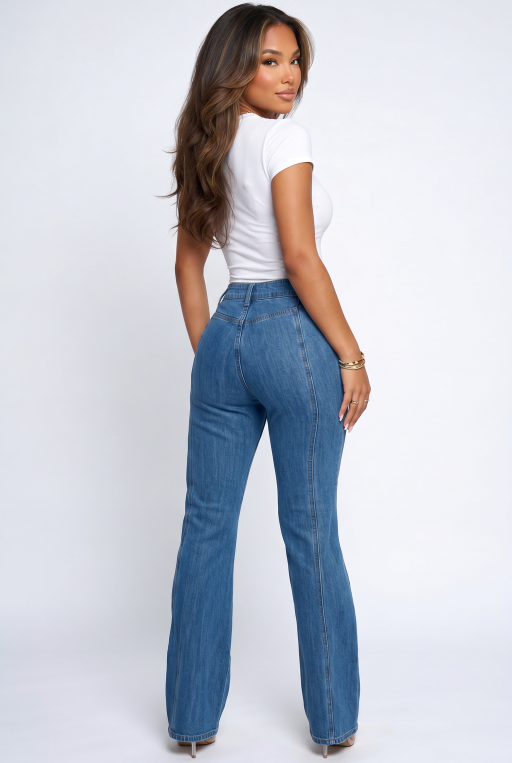 Blue Wash High Rise Seam Detail Wide Leg Jeans