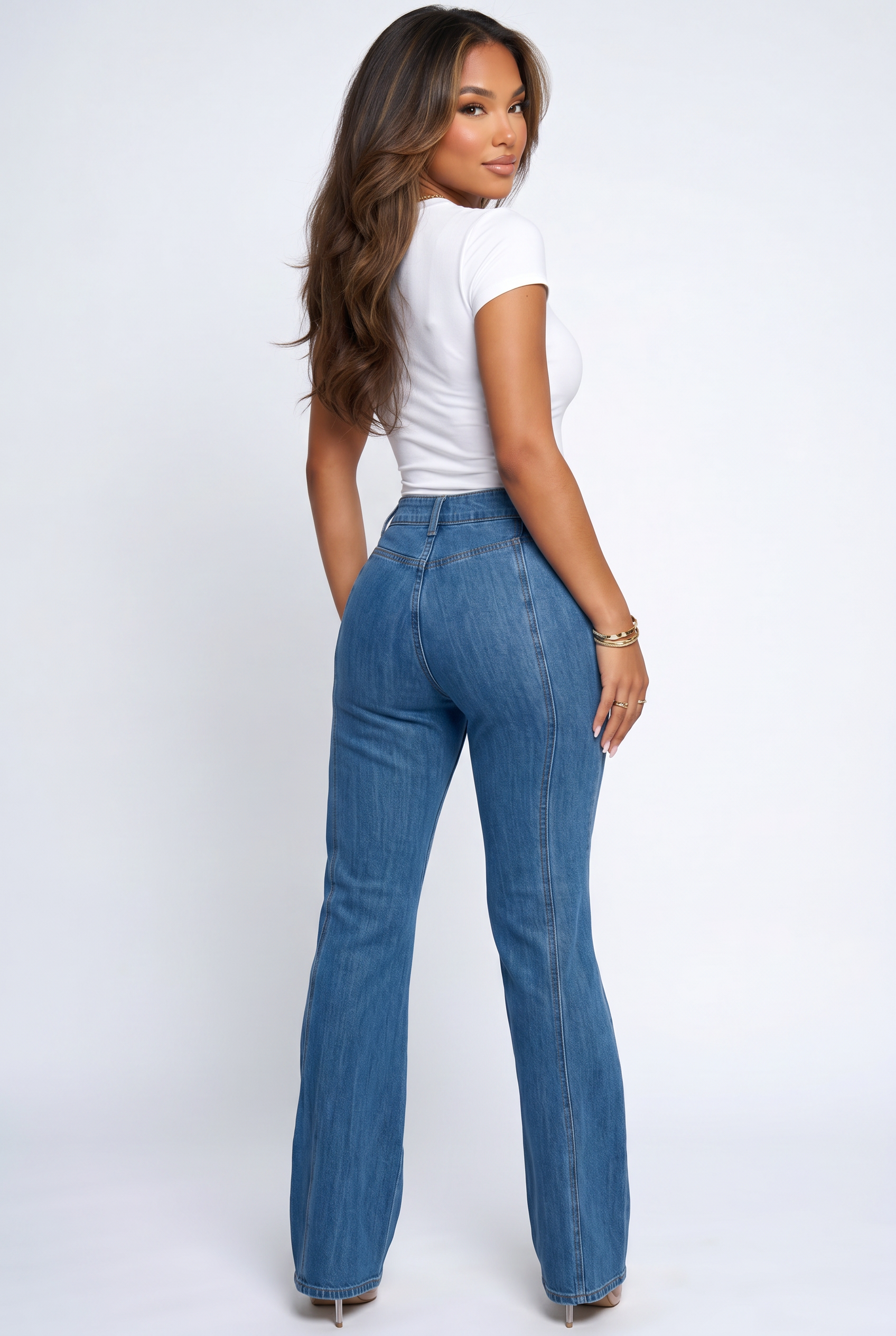 Blue Wash High Rise Seam Detail Wide Leg Jeans