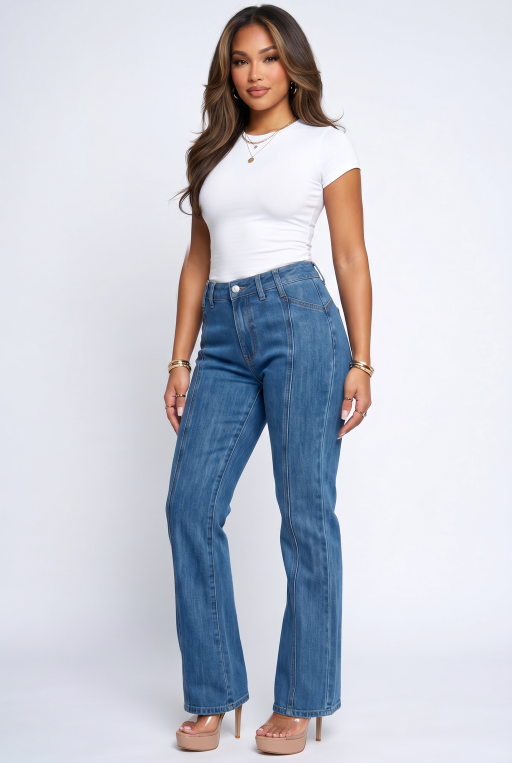 Blue Wash High Rise Seam Detail Wide Leg Jeans