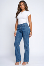 Blue Wash High Rise Seam Detail Wide Leg Jeans