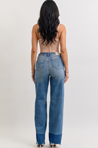 Blue Wash Raw Hem High Waist Straight Leg Jeans