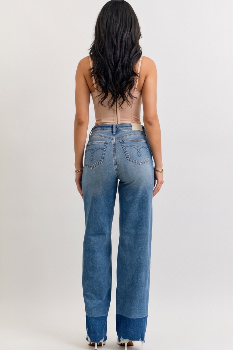 Blue Wash Raw Hem High Waist Straight Leg Jeans