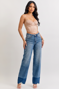 Blue Wash Raw Hem High Waist Straight Leg Jeans