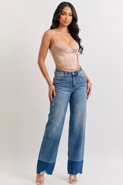 Blue Wash Raw Hem High Waist Straight Leg Jeans