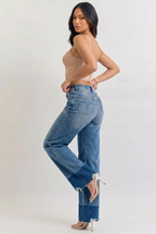 Blue Wash Raw Hem High Waist Straight Leg Jeans