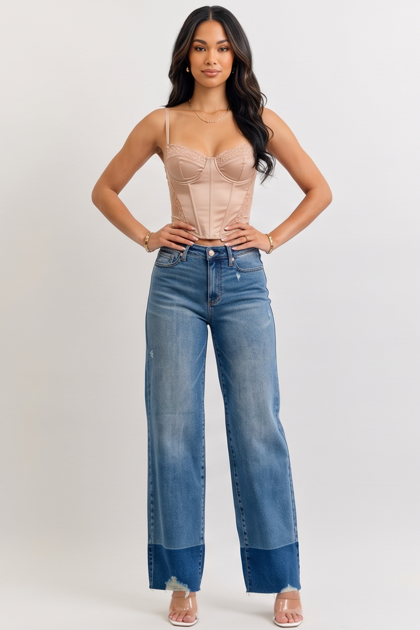 Blue Wash Raw Hem High Waist Straight Leg Jeans