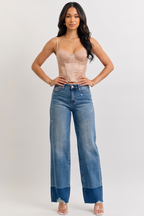Blue Wash Raw Hem High Waist Straight Leg Jeans