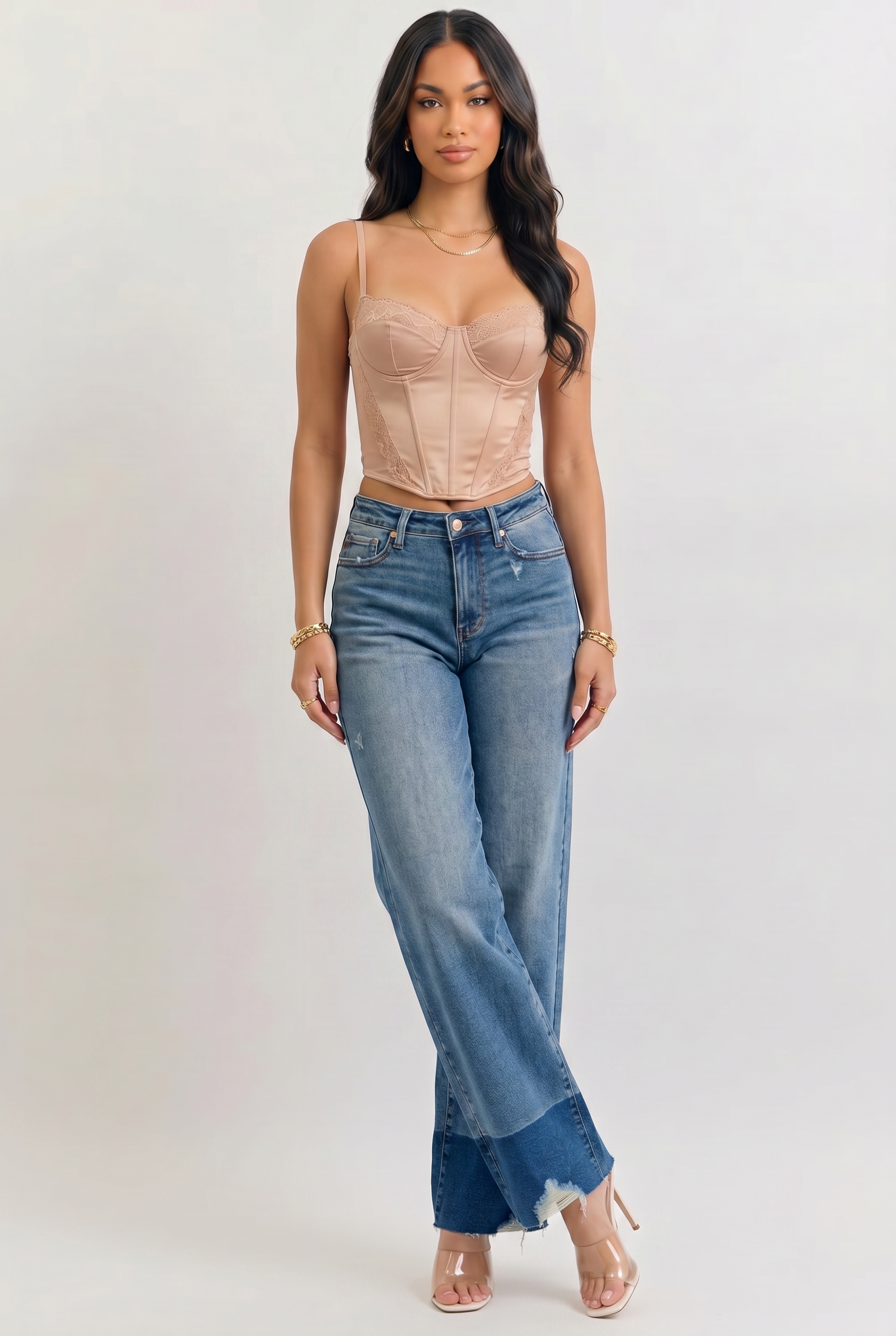 Blue Wash Raw Hem High Waist Straight Leg Jeans