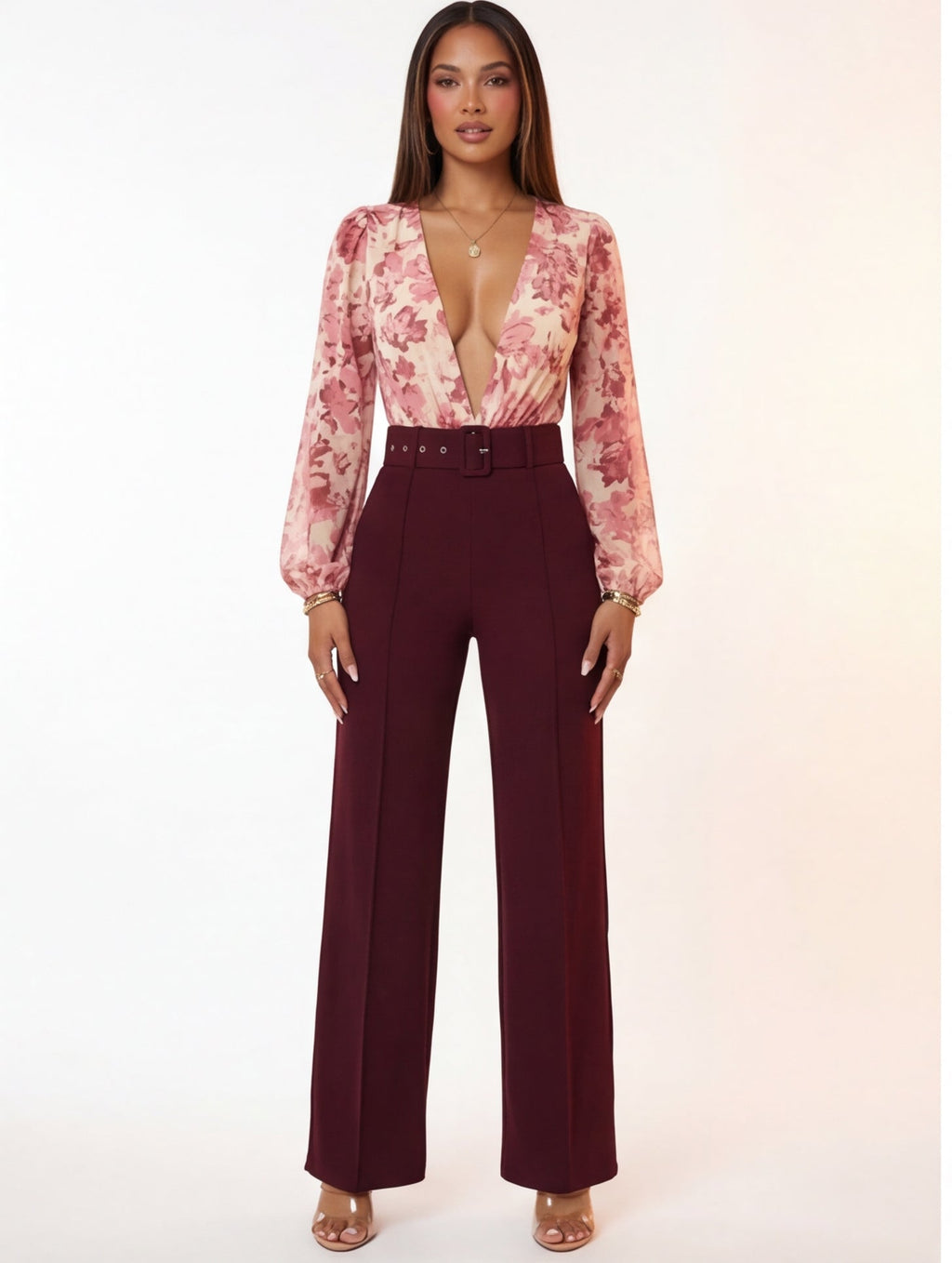 Nina Buckle Belt Flare Leg High Waisted Pants