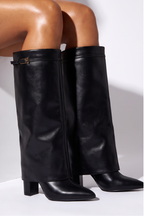 Charlotte Buckle Detail Fold Over Block Heel Knee High Boots