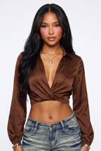 Camille Twisted Front Long Sleeves Satin Crop Top