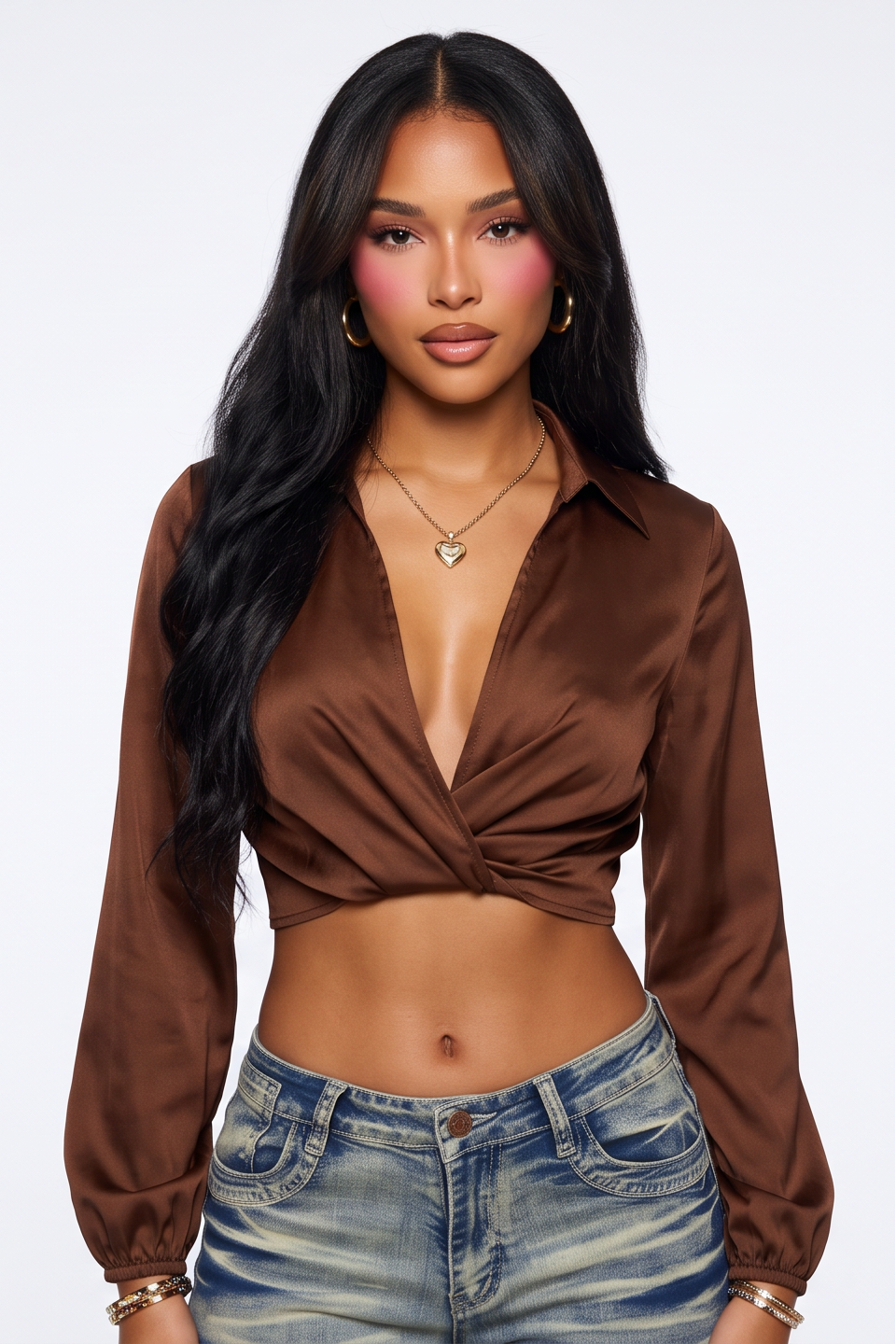 Camille Twisted Front Long Sleeves Satin Crop Top