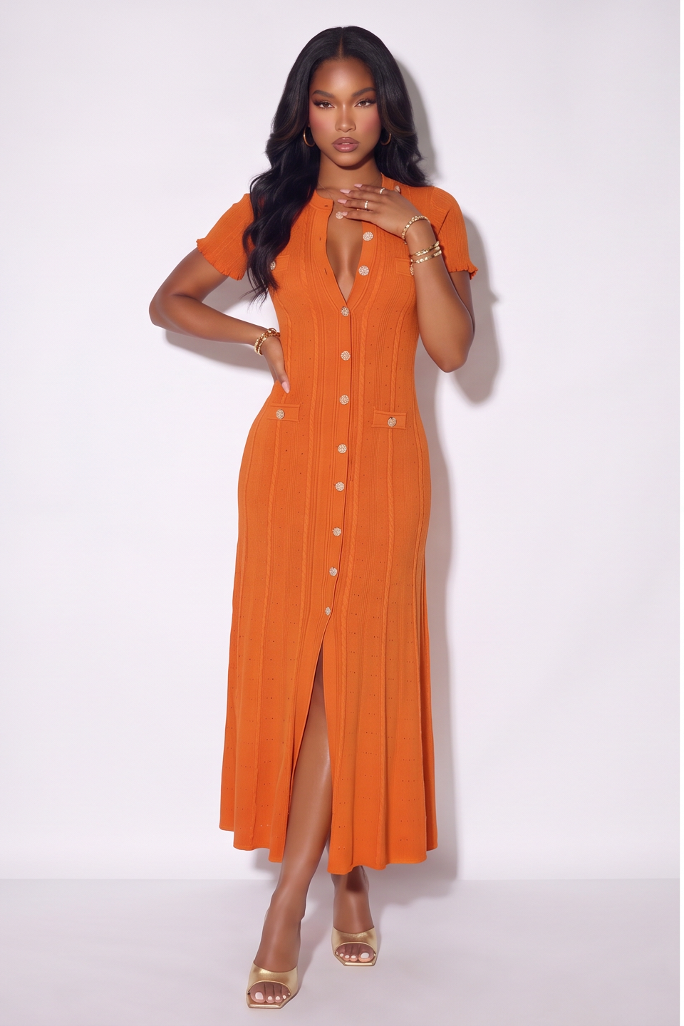 Candice Button Front Pointelle Knit Maxi Dress