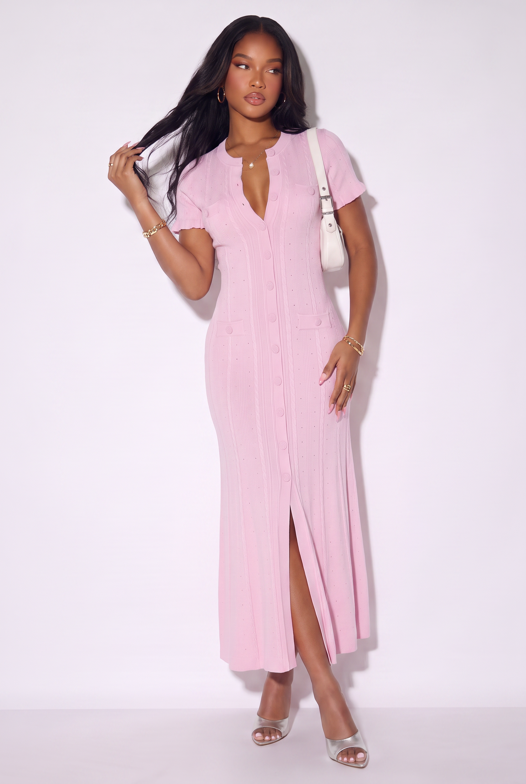Candice Button Front Pointelle Knit Maxi Dress