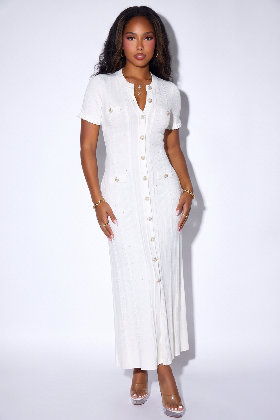 Candice Button Front Pointelle Knit Maxi Dress