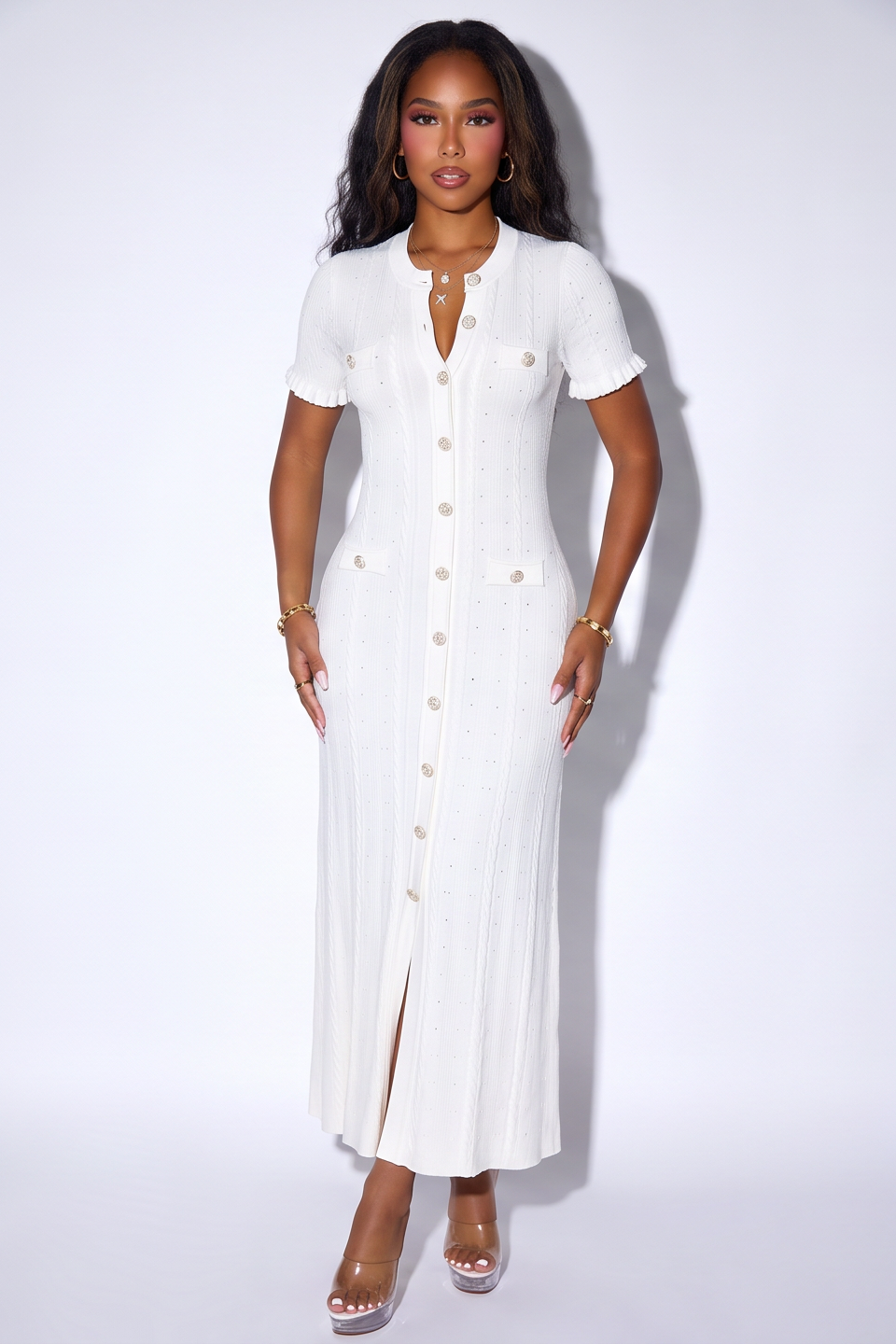 Candice Button Front Pointelle Knit Maxi Dress