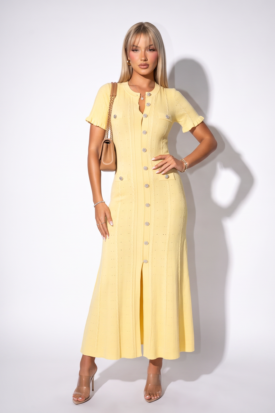 Candice Button Front Pointelle Knit Maxi Dress