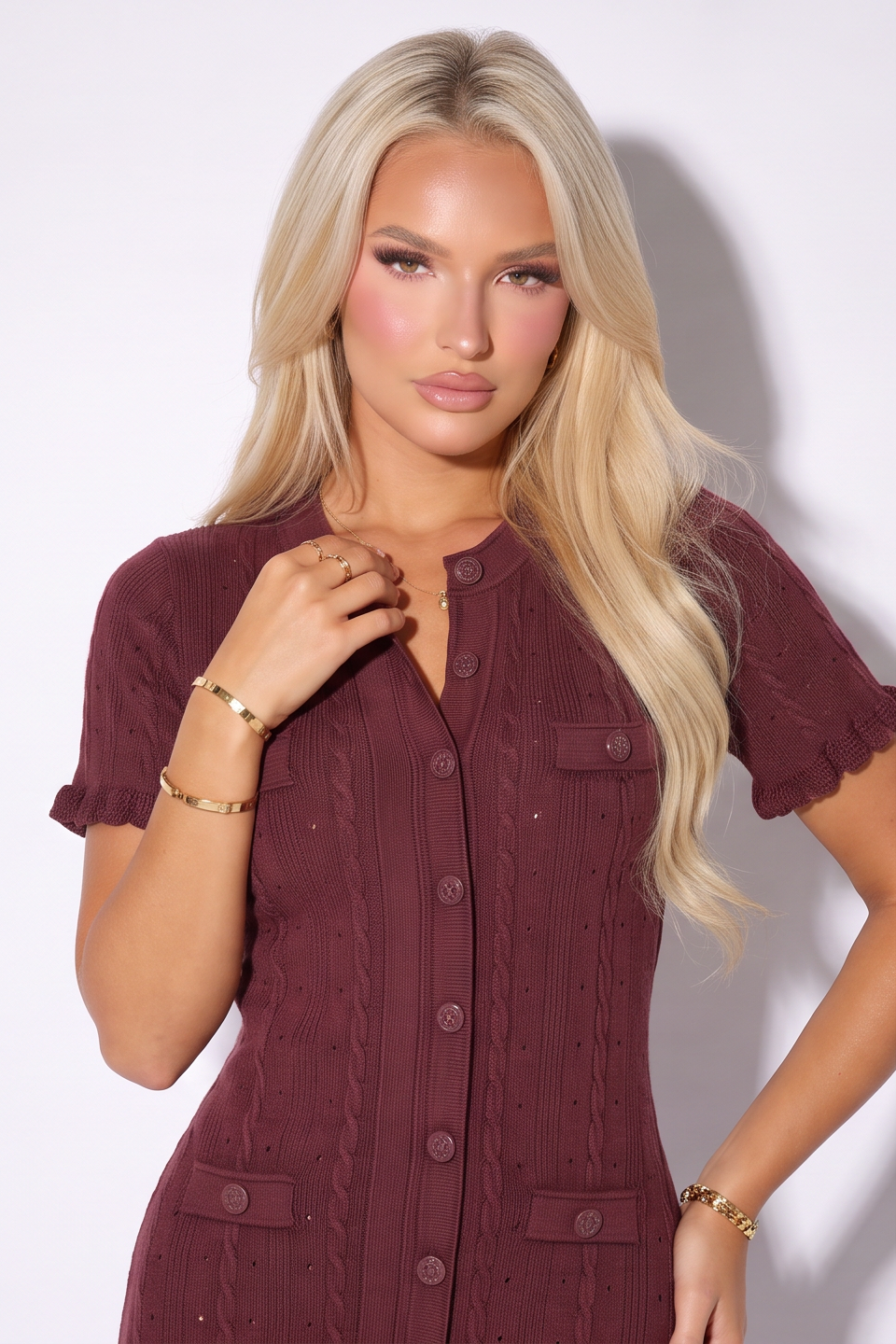 Candice Button Front Pointelle Knit Maxi Dress