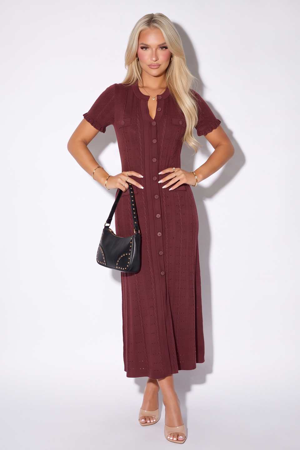 Candice Button Front Pointelle Knit Maxi Dress