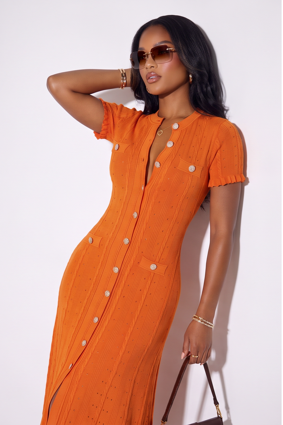 Candice Button Front Pointelle Knit Maxi Dress