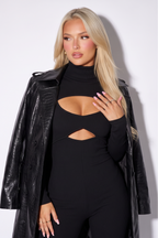 Celeste Double Breasted Croc Vegan Leather Belted Trench Coat
