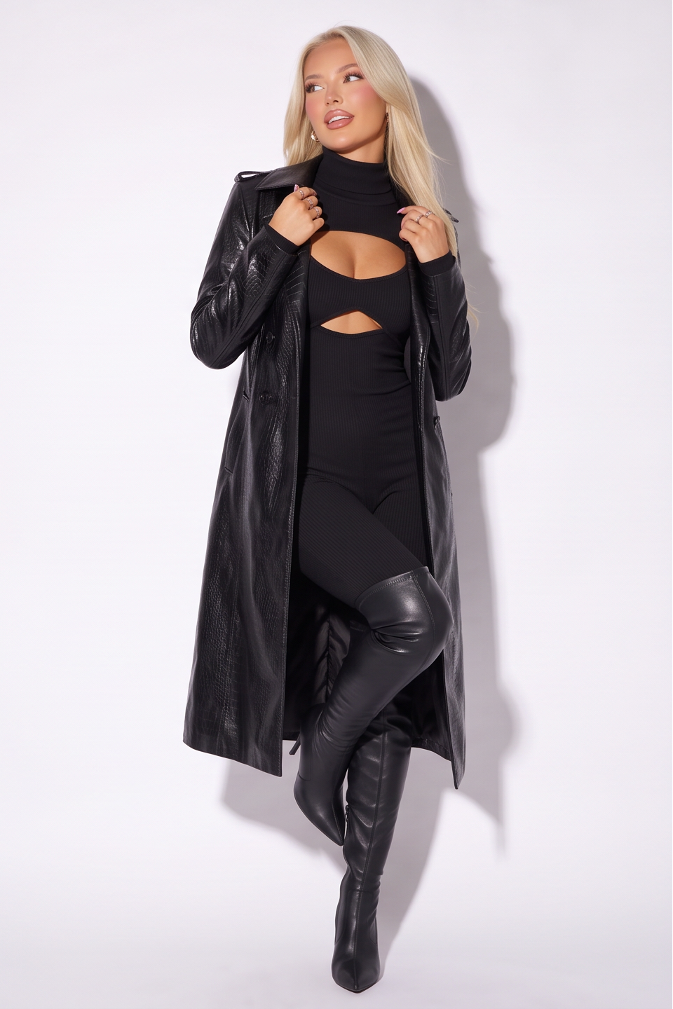 Celeste Double Breasted Croc Vegan Leather Belted Trench Coat